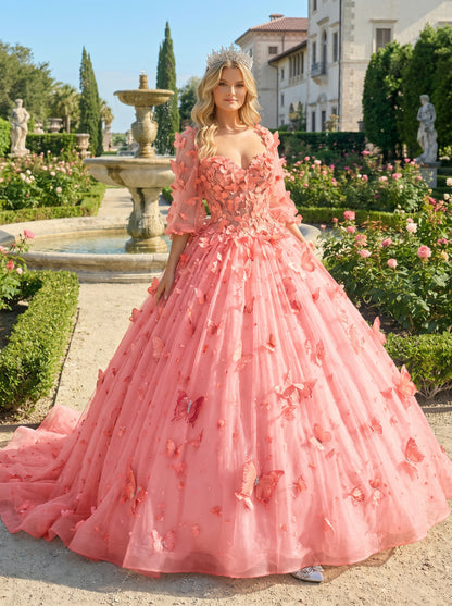 Charming Ball Gown Illusion Long Sleeves Quinceañera Dress With 3D Butterfly | Sevoba
