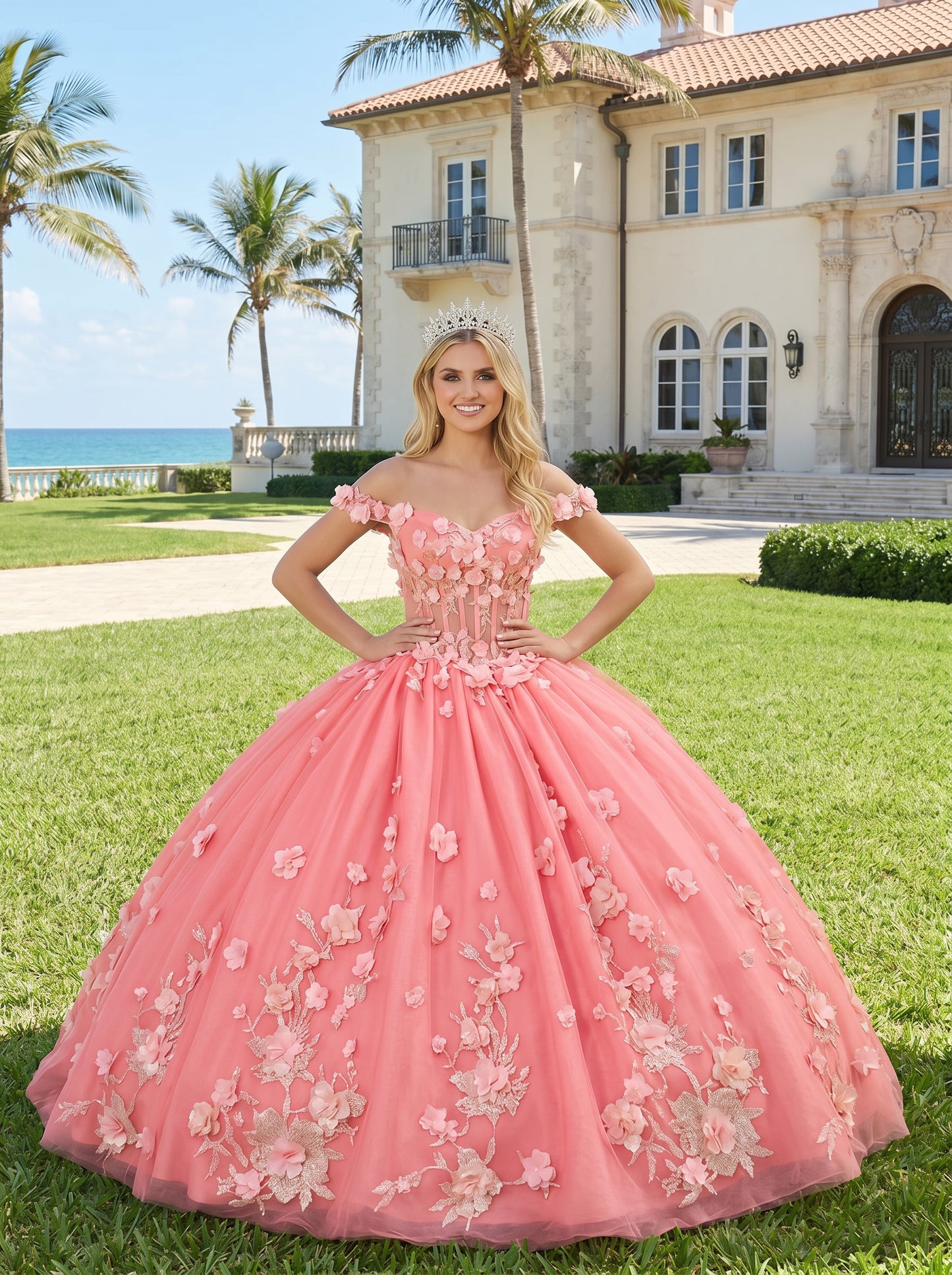 Charming Ball Gown Illusion Neck Quinceañera Dress With 3D Floral & Lace | Sevoba