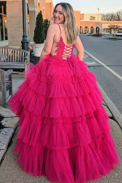 Sevoba|Spaghetti Strap V-Neck Sleeveless Ruffle Tiered Tulle Long Prom Dress