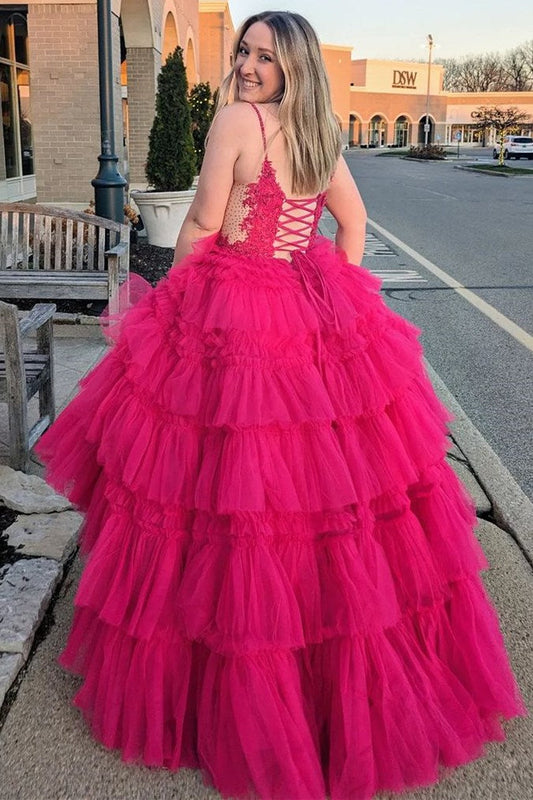 Sevoba|Spaghetti Strap V-Neck Sleeveless Ruffle Tiered Tulle Long Prom Dress