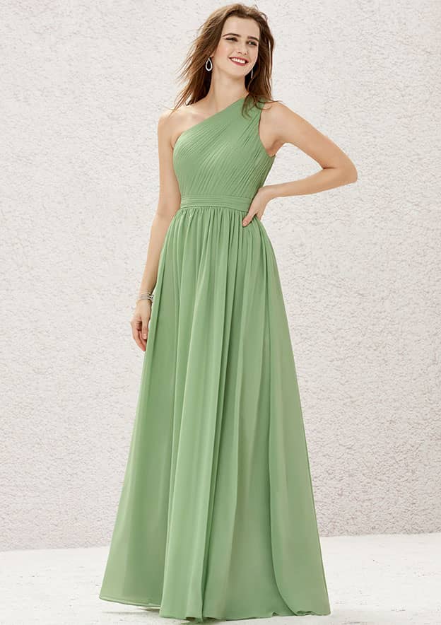 A-line One-Shoulder Sleeveless Long/Floor-Length Chiffon Bridesmaid Dress With Pleated