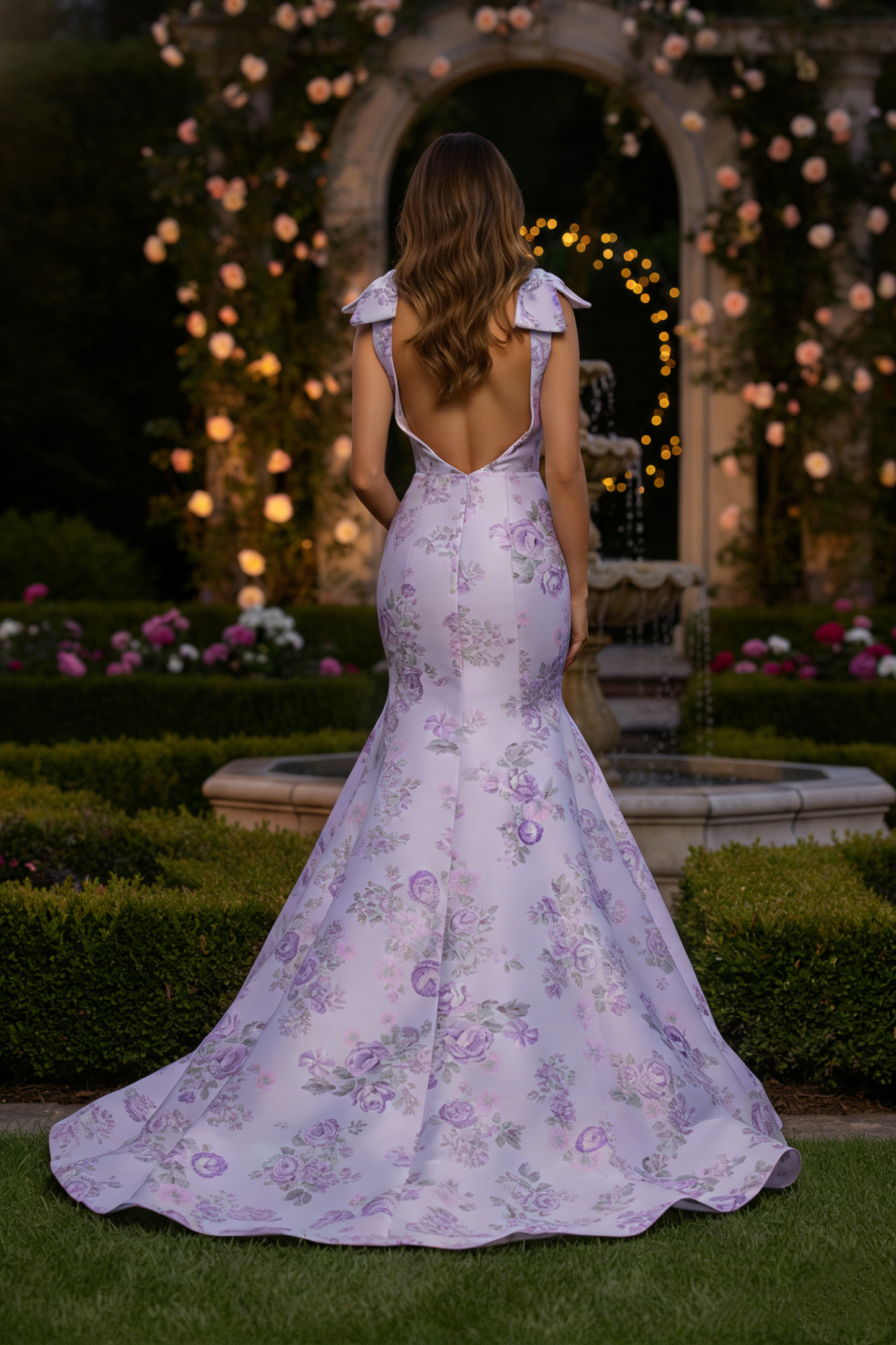 Luxury Mermaid Prom Dresses with Purple Floral Print on Red Satin | Sevoba