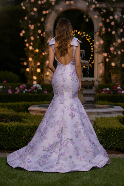 Luxury Mermaid Prom Dresses with Purple Floral Print on Red Satin | Sevoba