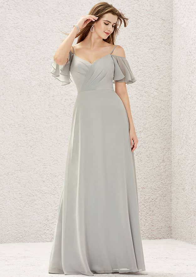 A-line Sweetheart Short Sleeve Long/Floor-Length Chiffon Bridesmaid Dress With Pleated