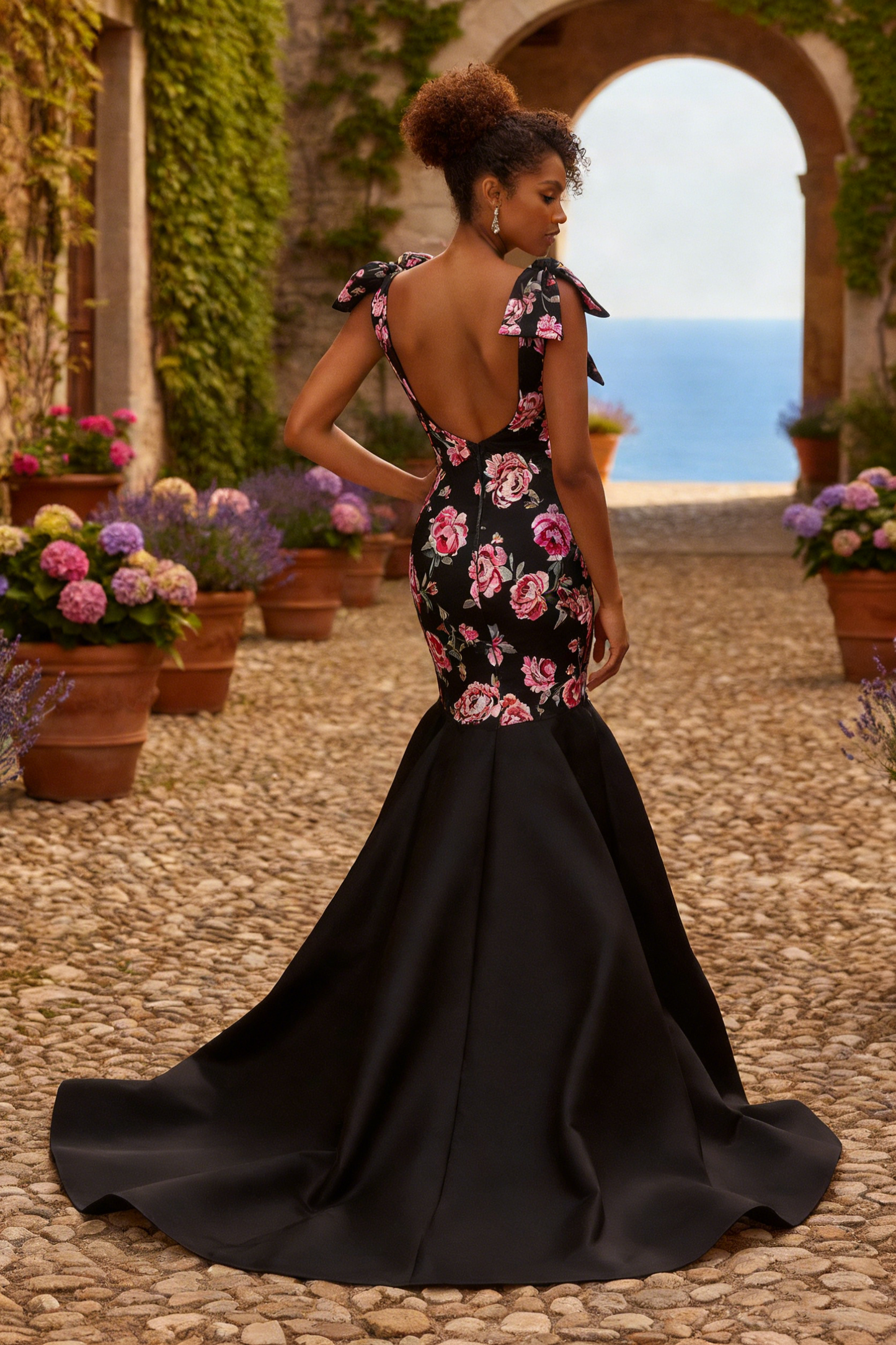 Luxury Deep V-Neck Mermaid Prom Dresses with Pink Floral Print | Sevoba