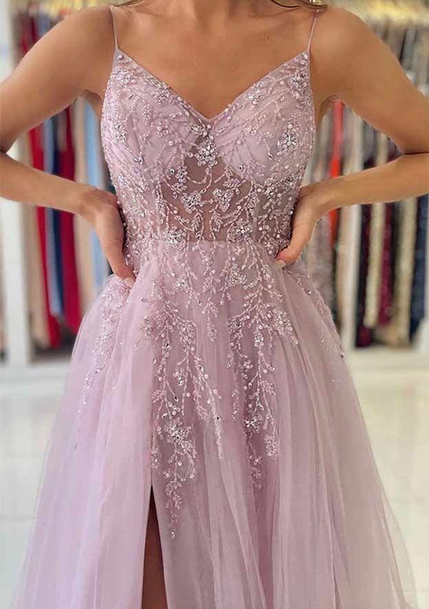 A-line V Neck Spaghetti Straps Sweep Train Tulle Prom Dress With Beading Sequins Split