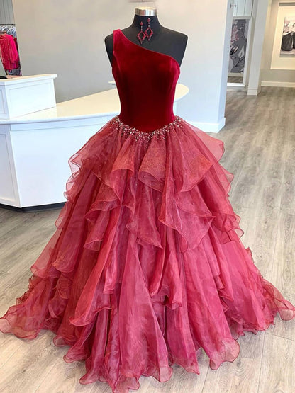 Belinda | Ruffle One Shoulder Royal Blue Velvet Top Long Formal Dress