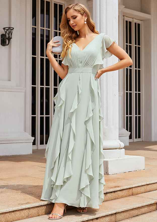 A-line V Neck Short Sleeve Long/Floor-Length Chiffon Bridesmaid Dress With Pleated Ruffles