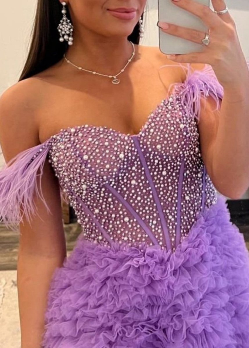 A Line Off the Shoulder Tiered Tulle Prom Dress With Slit