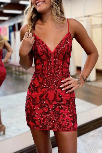 Sevoba|Glitter Fitted V-Neck Spaghetti Straps Sequined Appliques Homecoming Dress