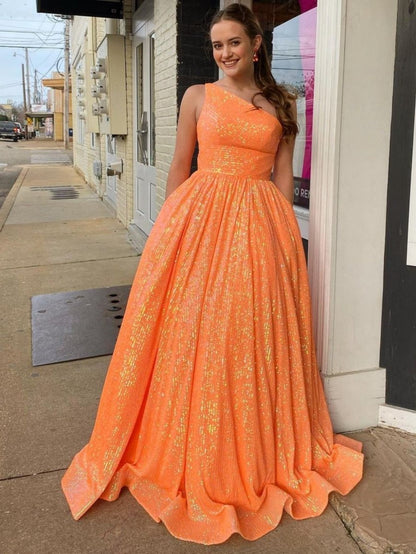Charlee |A-Line One Shoulder Sequins Prom Dress with Pockets