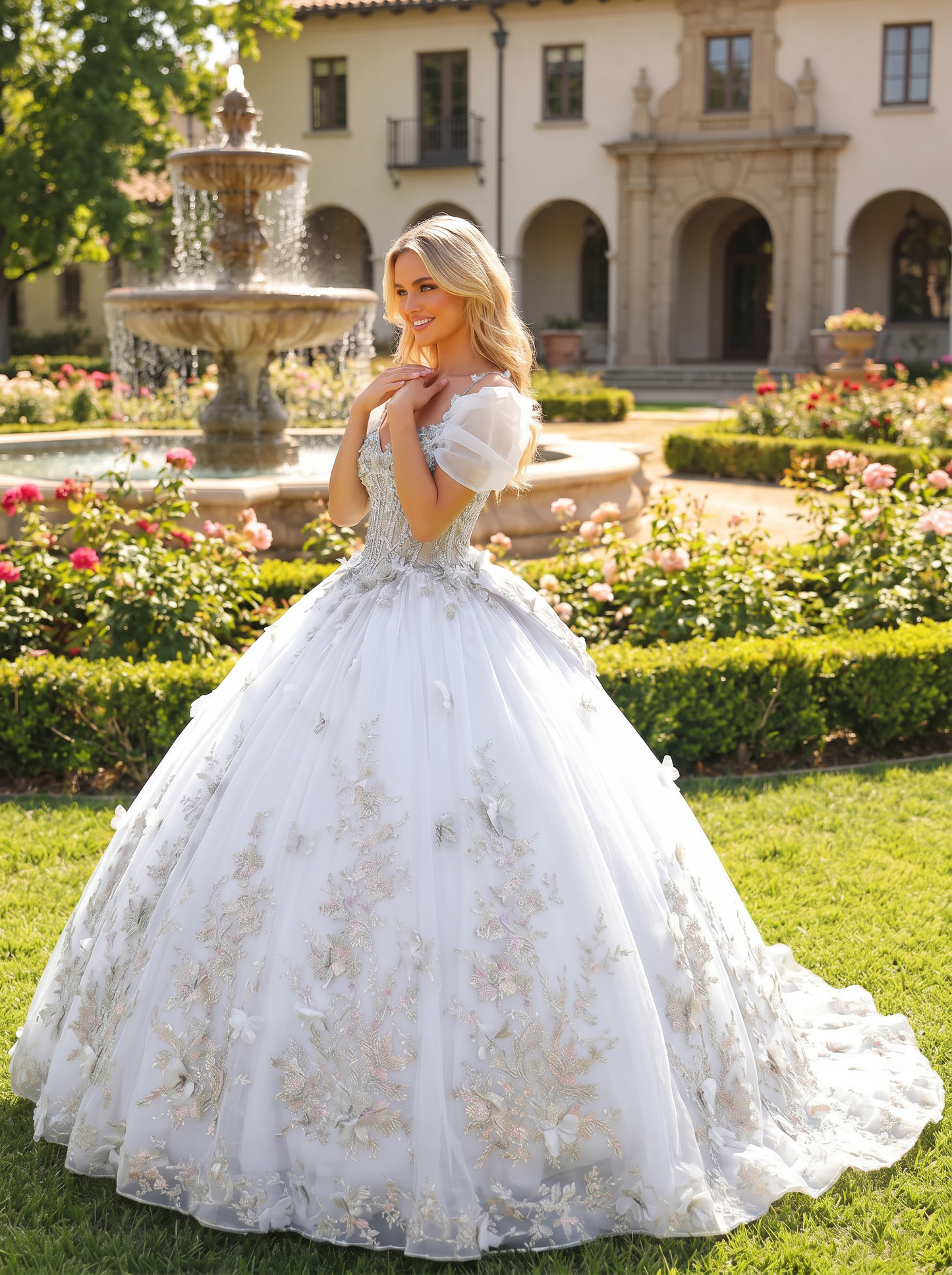 Elegant Ball Gown Cold Shoulder Quinceañera Dress With Floral Embroidery and 3D Butterfly | Sevoba
