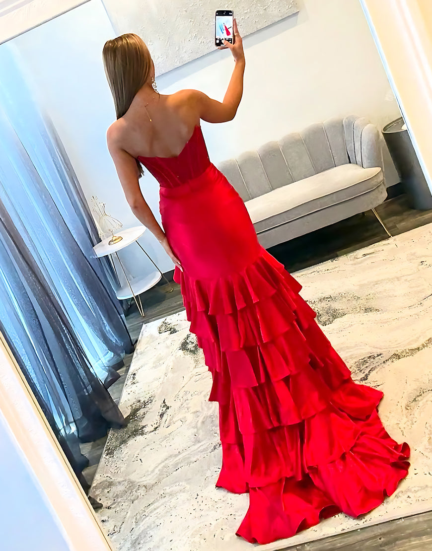 Sparkly Red Mermaid Sweetheart Ruffled Beaded Long Corset Prom Dress
