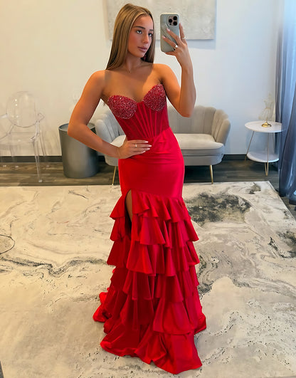 Sparkly Red Mermaid Sweetheart Ruffled Beaded Long Corset Prom Dress