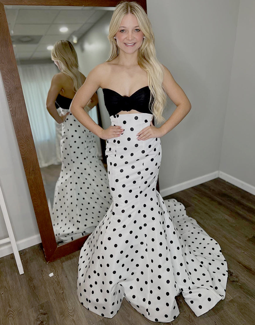 White Black Dot Mermaid Sweetheart Cut Out Long Prom Dress
