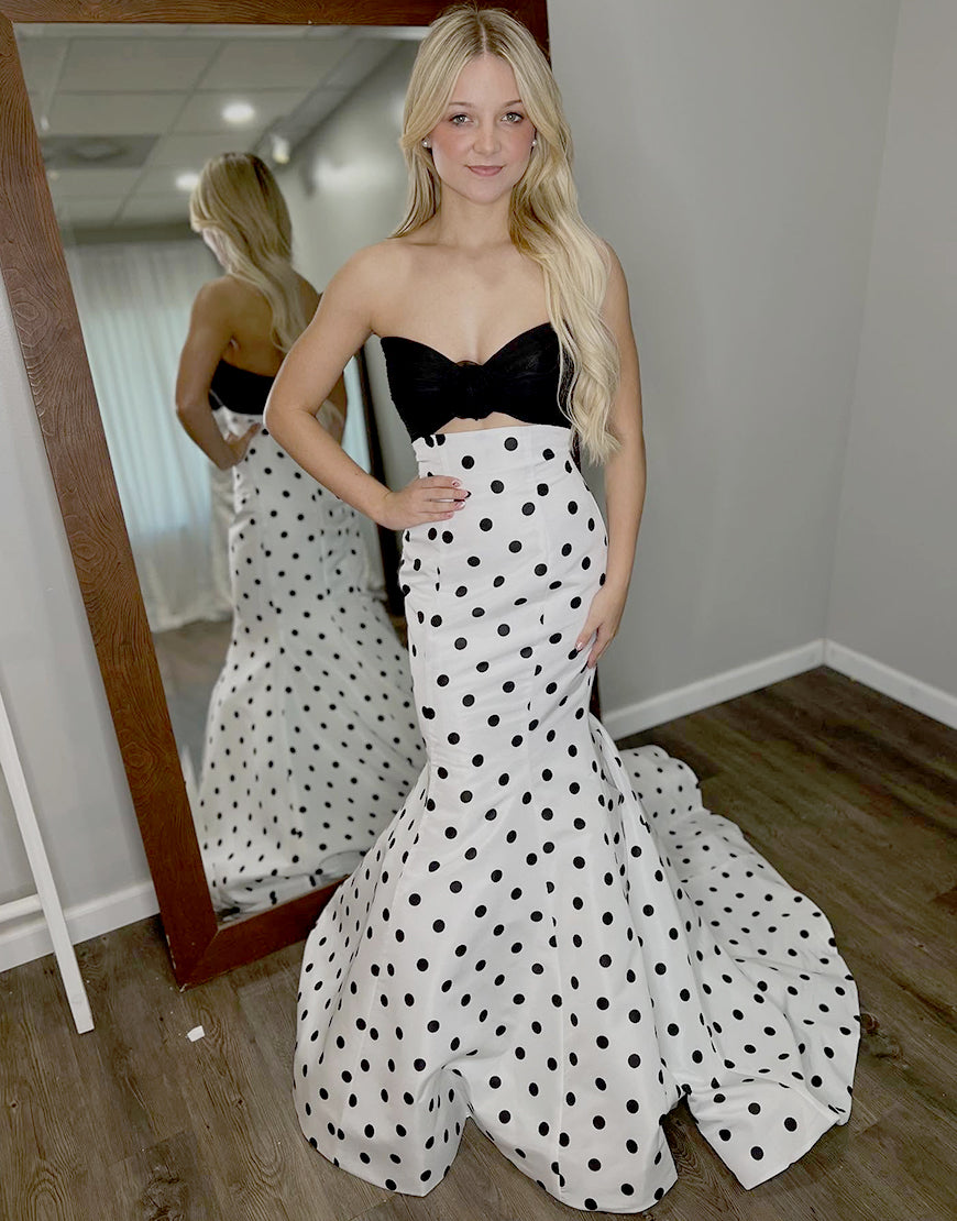 White Black Dot Mermaid Sweetheart Cut Out Long Prom Dress