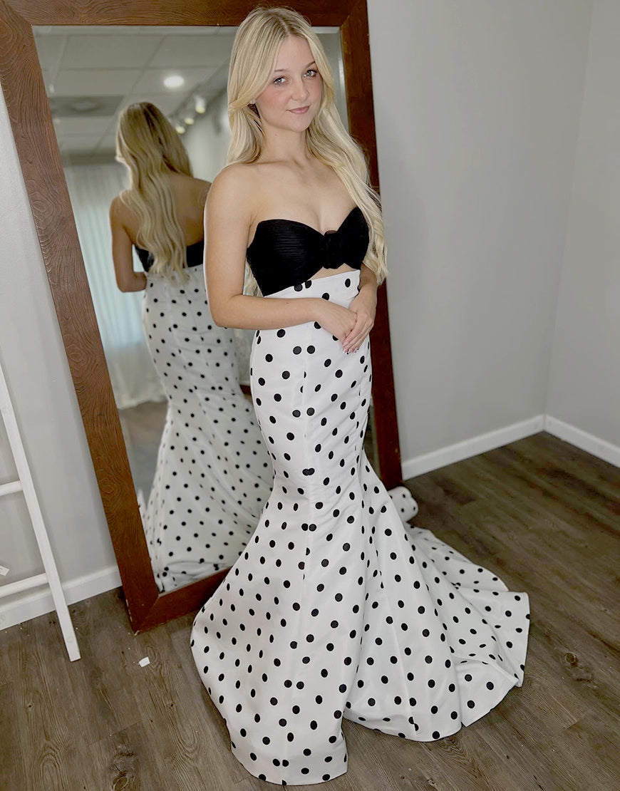 White Black Dot Mermaid Sweetheart Cut Out Long Prom Dress