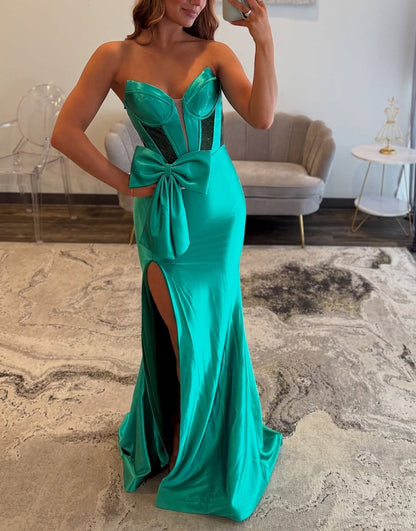 Sparkly Green Mermaid Strapless Long Beaded Satin Corset Prom Dress with Bow