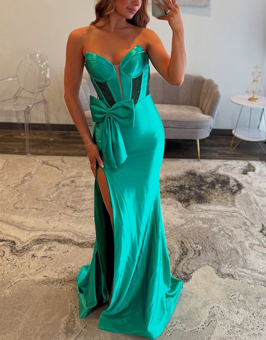 Sparkly Green Mermaid Strapless Long Beaded Satin Corset Prom Dress with Bow
