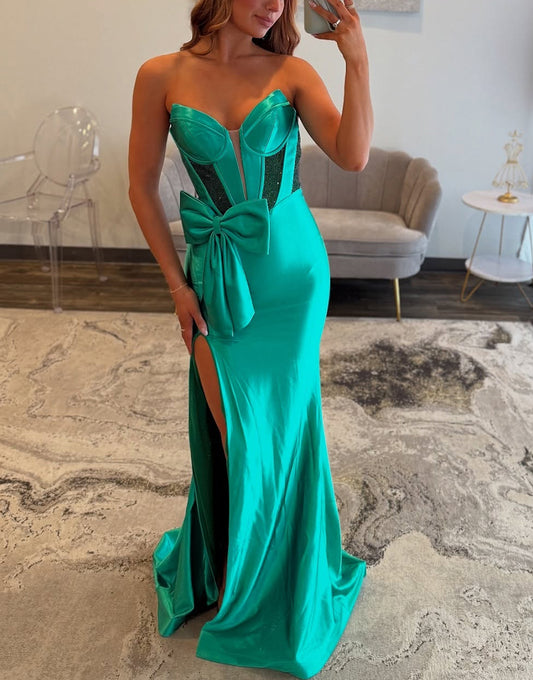 Sparkly Green Mermaid Strapless Long Beaded Satin Corset Prom Dress with Bow