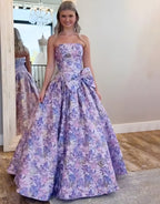 Purple Floral Strapless A Line Long Prom Dress with Bow