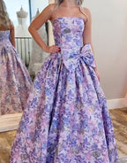 Purple Floral Strapless A Line Long Prom Dress with Bow