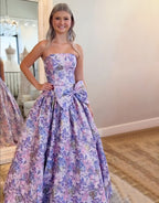 Purple Floral Strapless A Line Long Prom Dress with Bow