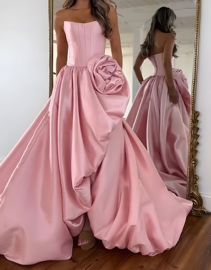 Blush A Line Strapless Long Satin Corset Prom Dress with 3D Flower