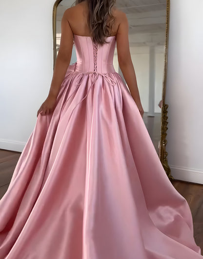 Blush A Line Strapless Long Satin Corset Prom Dress with 3D Flower