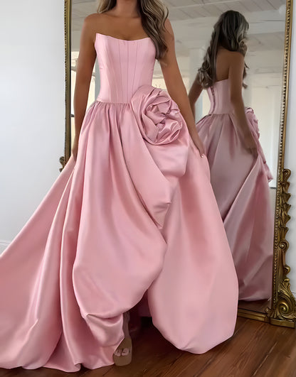 Blush A Line Strapless Long Satin Corset Prom Dress with 3D Flower