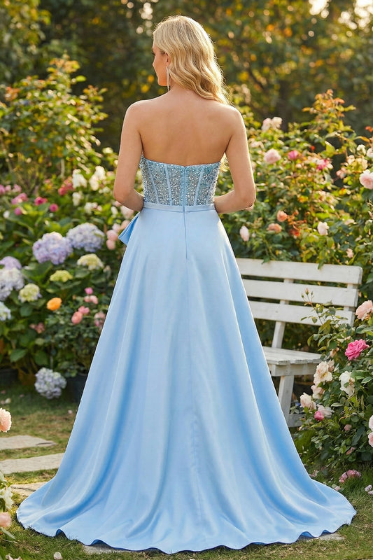 Sevoba light blue strapless sweetheart beaded corset satin A-line prom dress, back view in garden setting
