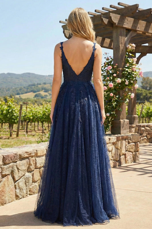 Sevoba navy blue one-shoulder a-line prom dress with sequin bodice and waist cutout, back view in ballroom setting