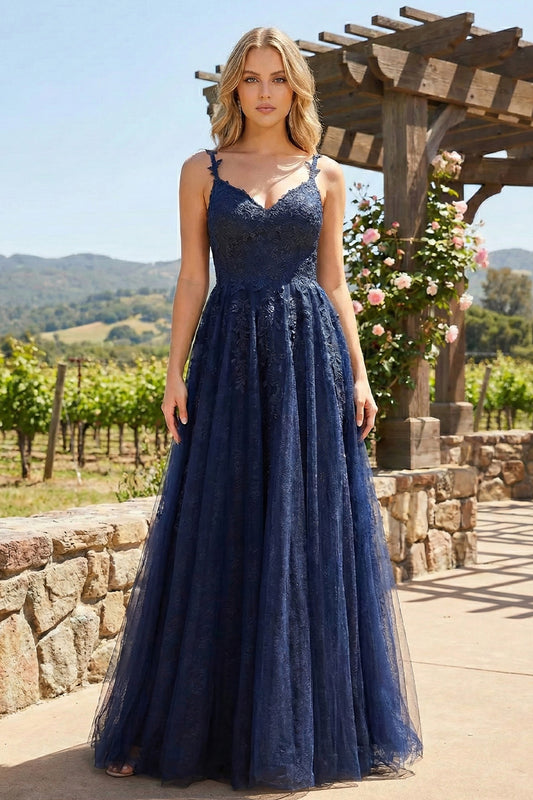Sevoba navy blue one-shoulder sequin bodice cutout a-line prom dress with thigh-high slit, front view in ballroom setting