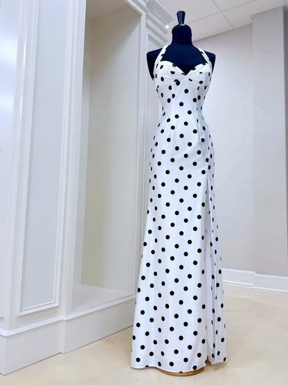Sexy Sheath Halter Polka Dot Satin Long Prom Dress