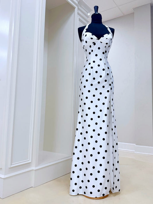 Sexy Sheath Halter Polka Dot Satin Long Prom Dress
