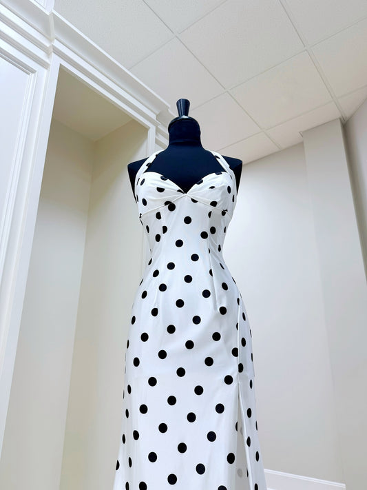 Sexy Sheath Halter Polka Dot Satin Long Prom Dress