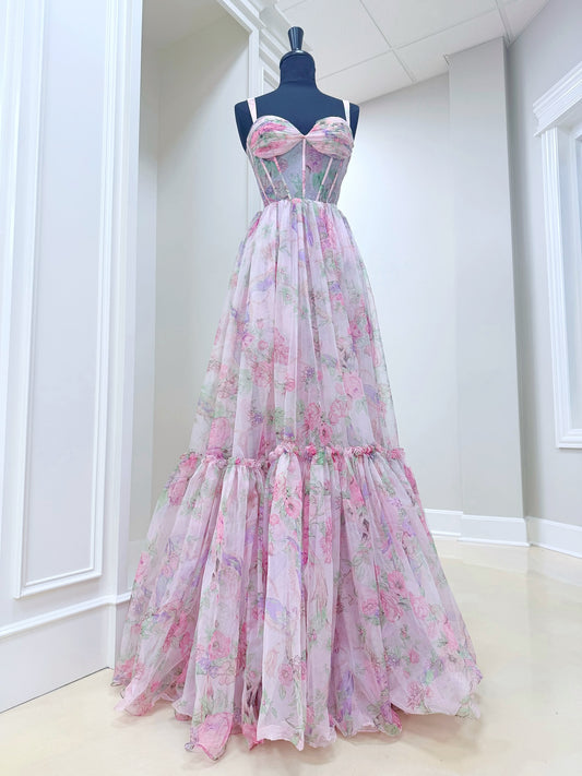 Elegant A Line Sweetheart Floral Printed Long Prom Dress