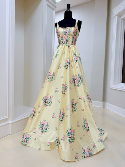 Vintage A Line Straps Floral printed Long Prom Dress With Pearls