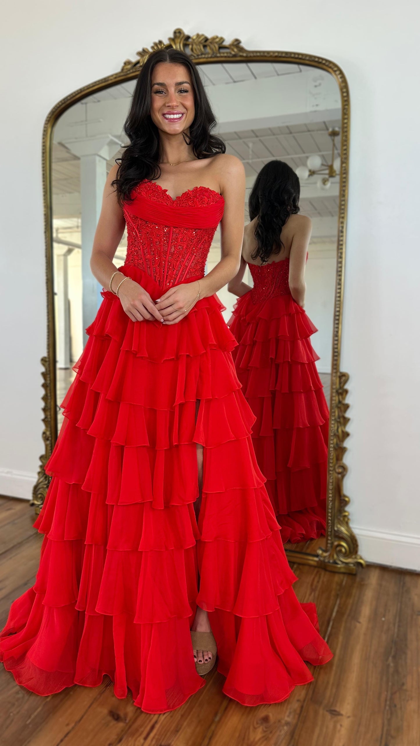 Sparkly A Line Sweetheart Tiered Ruffles Long Prom Dress With Sequin Appliques