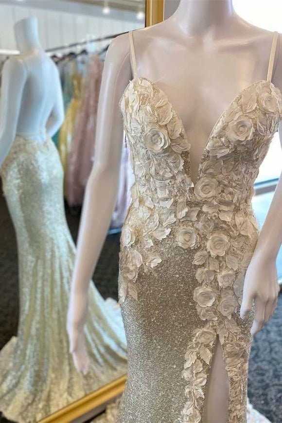 Miracle |Mermaid V Neck Sequins Prom Dress with Slit
