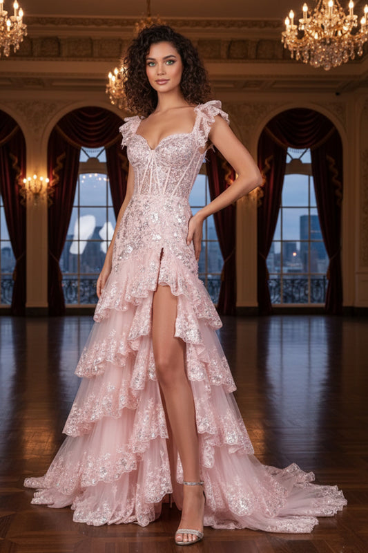 Sevoba soft pink sweetheart corset sequin lace tiered high-low prom dress with slit and train, front view in ballroom setting