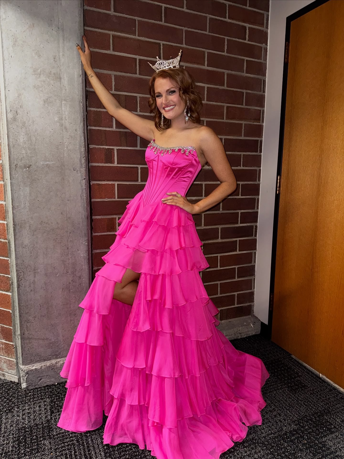 Classic A Line Strapless Tiered Ruffles Slit Long Prom Dress With Beading