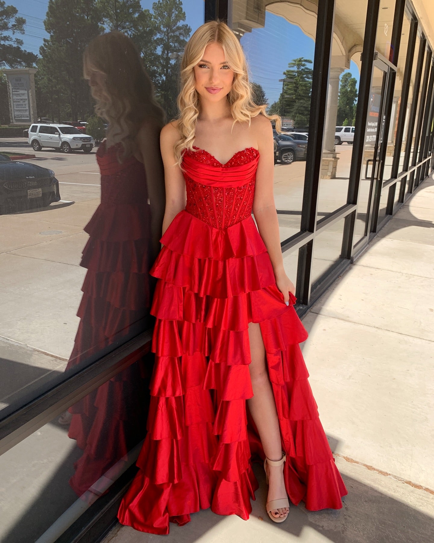 Sparkly A Line Sweetheart Tiered Ruffles Long Prom Dress With Sequin Appliques