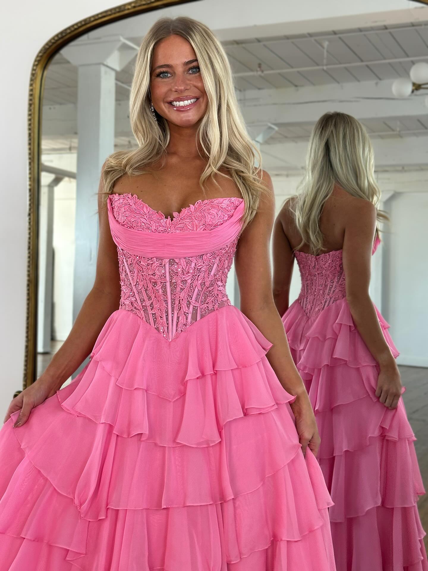 Sparkly A Line Sweetheart Corset Tiered Ruffles Long Prom Dress With Appliques