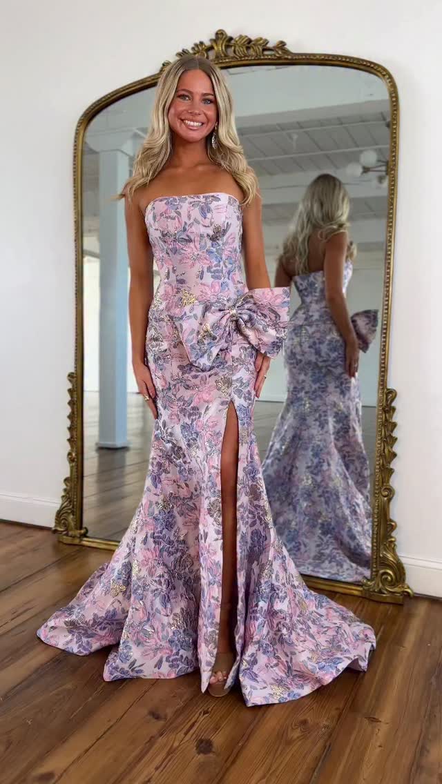 Chic Mermaid Strapless Floral Jacquard Slit Long Prom Dress With Bow