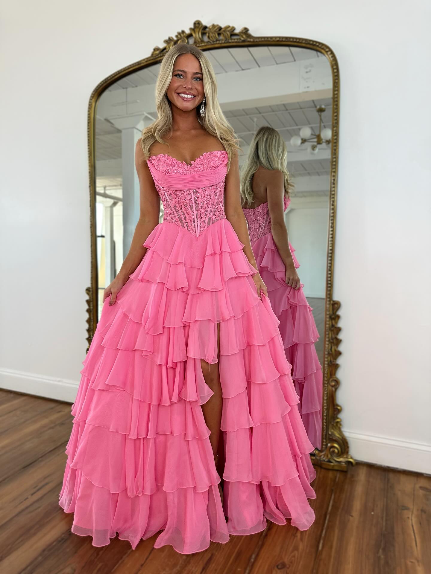 Sparkly A Line Sweetheart Corset Tiered Ruffles Long Prom Dress With Appliques