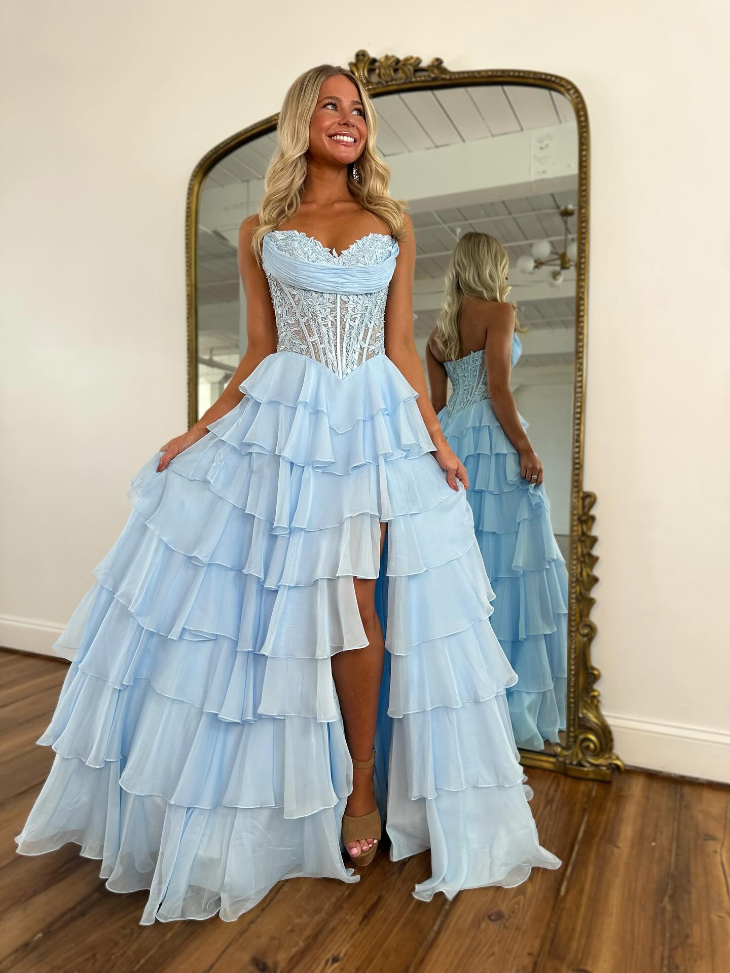 Sparkly A Line Sweetheart Corset Tiered Ruffles Long Prom Dress With Appliques