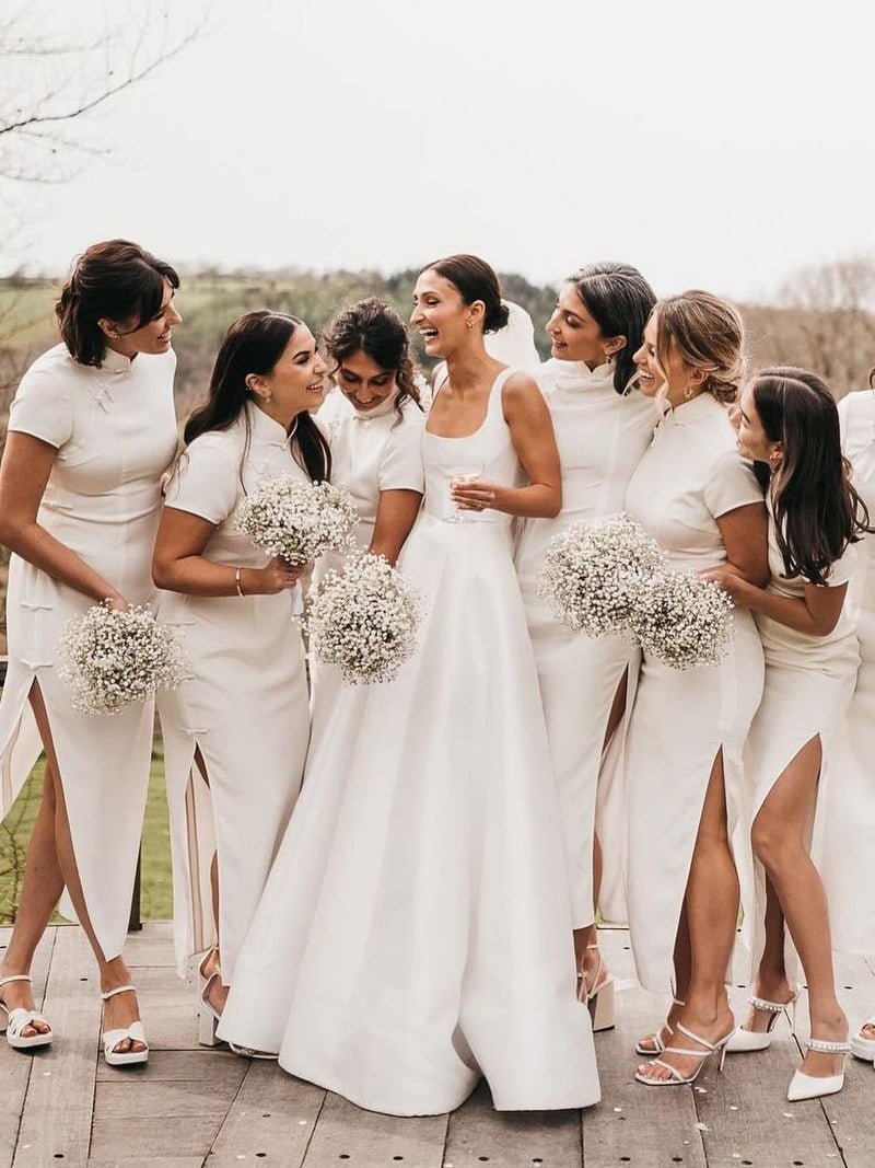 Sevoba|Simple A-Line Square Neck White Satin Wedding Dresses