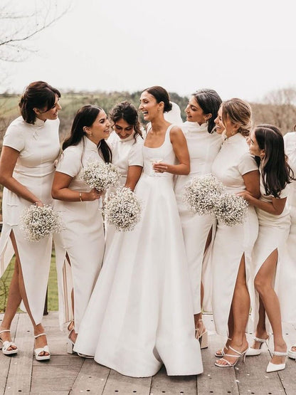 Sevoba|Simple A-Line Square Neck White Satin Wedding Dresses