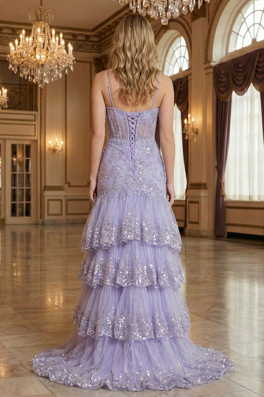 Sevoba lavender sequin lace corset tiered mermaid prom dress with lace-up back and tulle ruffle skirt, back view in ballroom setting